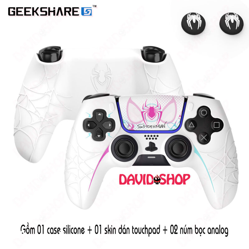 Bọc case silicon & núm bọc analog & skin (GeekShare) touchpad Spider-Man (WHITE) - tay cầm PS5 (DualSense)