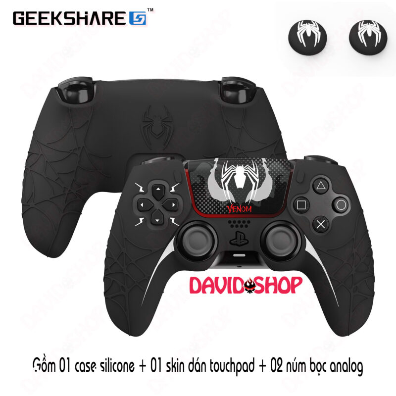 Bọc case silicon & núm bọc analog & skin (GeekShare) touchpad VENOM - tay cầm PS5 (DualSense)