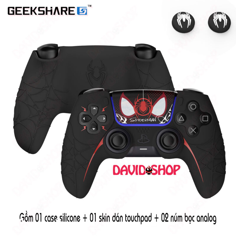 Bọc case silicon & núm bọc analog & skin (GeekShare) touchpad Spider-Man (BLACK) - tay cầm PS5 (DualSense)