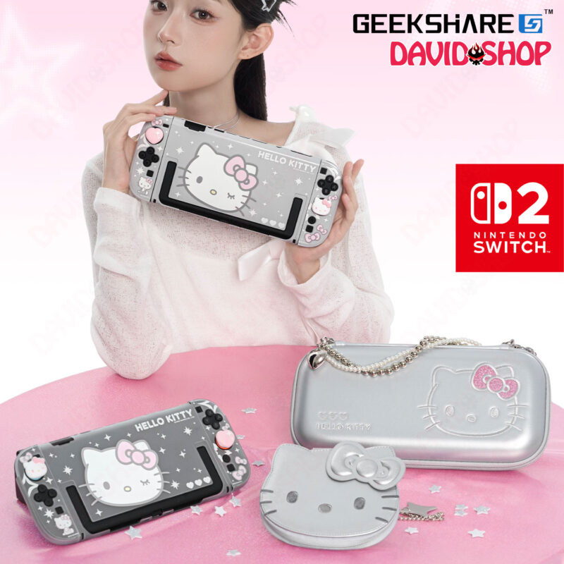 Ốp lưng, túi bảo vệ, núm bọc analog Hello Kitty Sparkling Silver Heart chính hãng GeekShare, Sanrio - Nintendo Switch 2